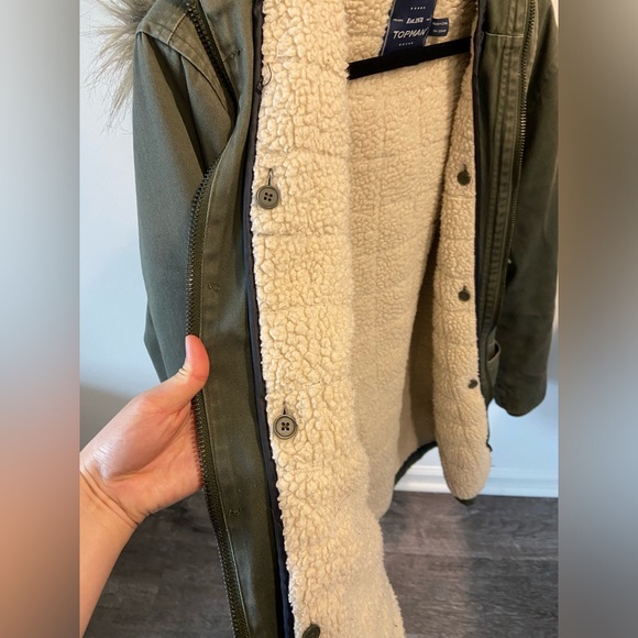 Topman Men’s Military Green Parka Jacket - Removable Hood and Wool Inner Later - Picture 2 of 5